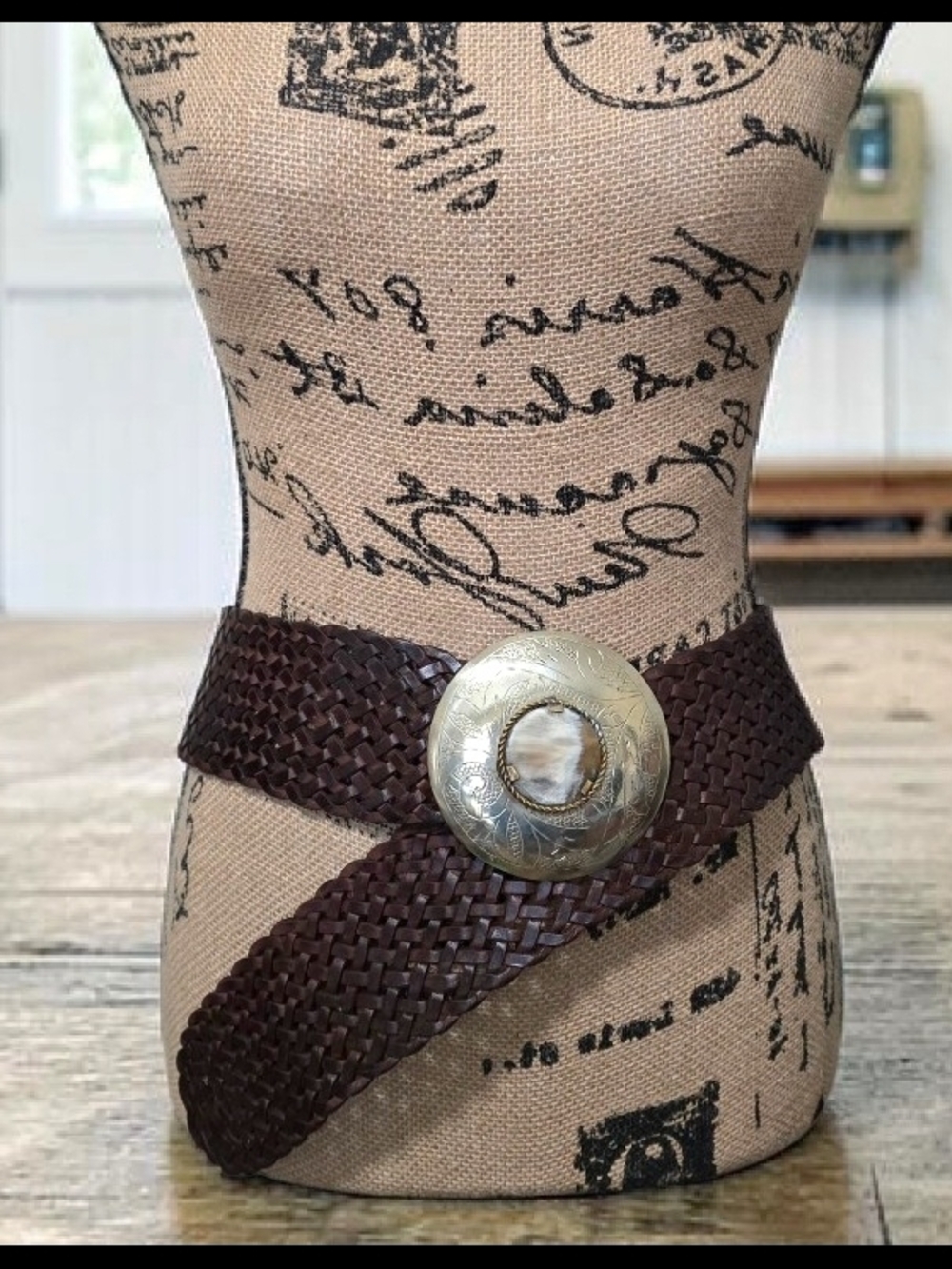 Woven Brown Leather Belt with Silver Concho